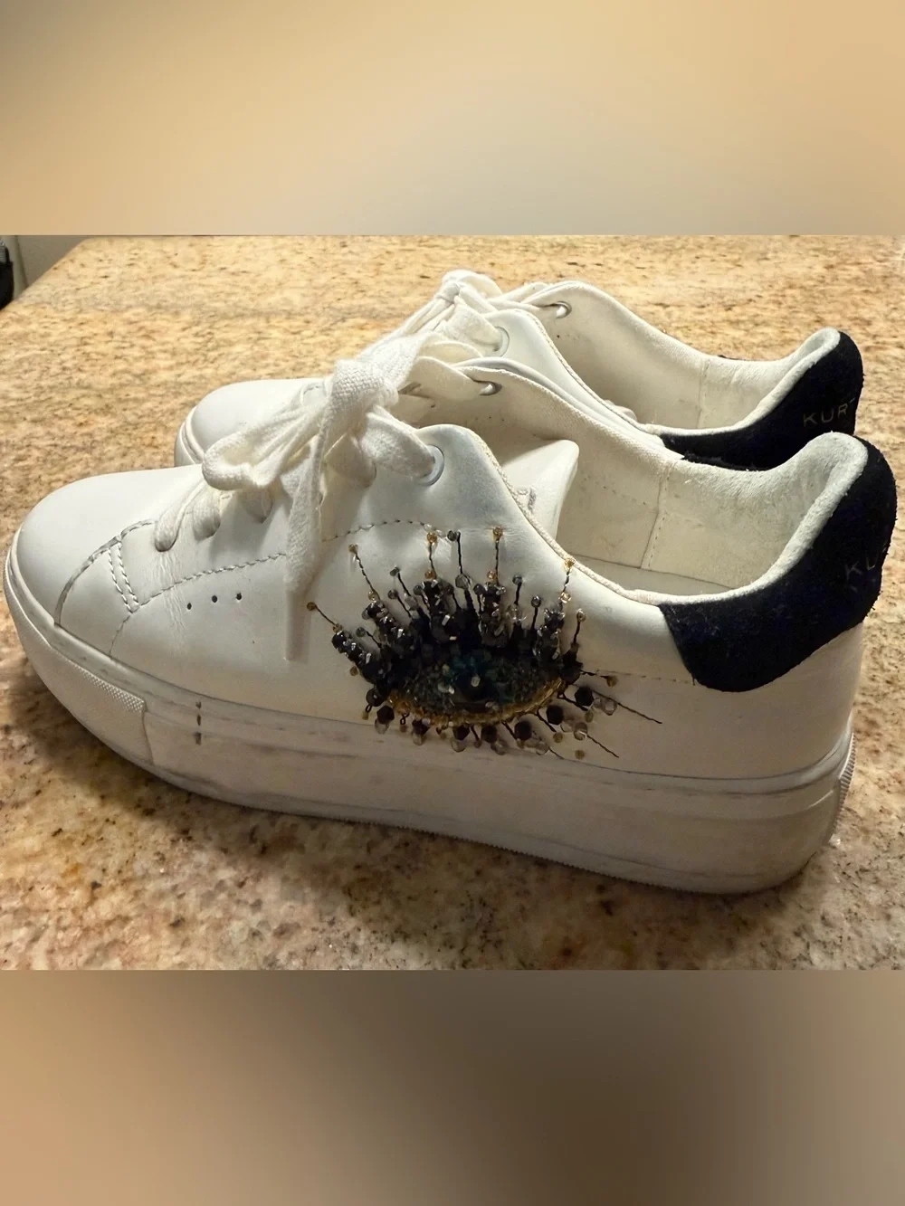 Kurt Geiger White Leather Platform Sneaker with Beaded Eye Motif